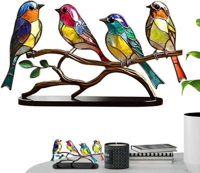 Picture of Sea Glass Birds,Bird Lover Gifts, Stained Glass Birds on Branch, Desk Ornaments Acrylic Colourful Birds Ornament Vivid Tabletop Bird Decoration for Bar Decor Gift 4 Birds