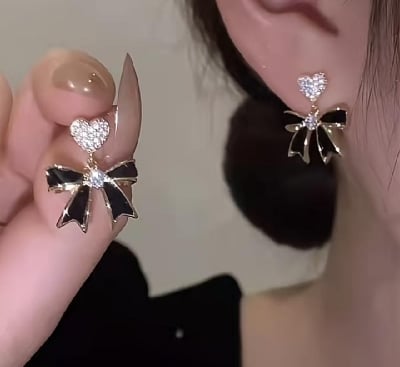 Picture of Black Bow White Stone Ear Ring for Women girls Black