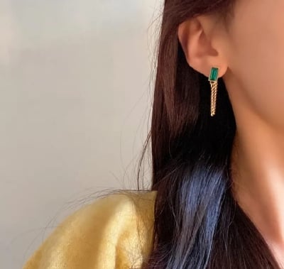 Picture of Green Crystal Square for Metal Chain Tassel Earings Gold