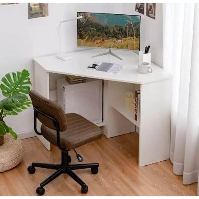 Picture of Corner Desk Triangle Corner Computer Desk for Small Space, Bedroom Corner Desk with Storage Shelves & CPU Stand, Space Saving Corner Writing Desk - White