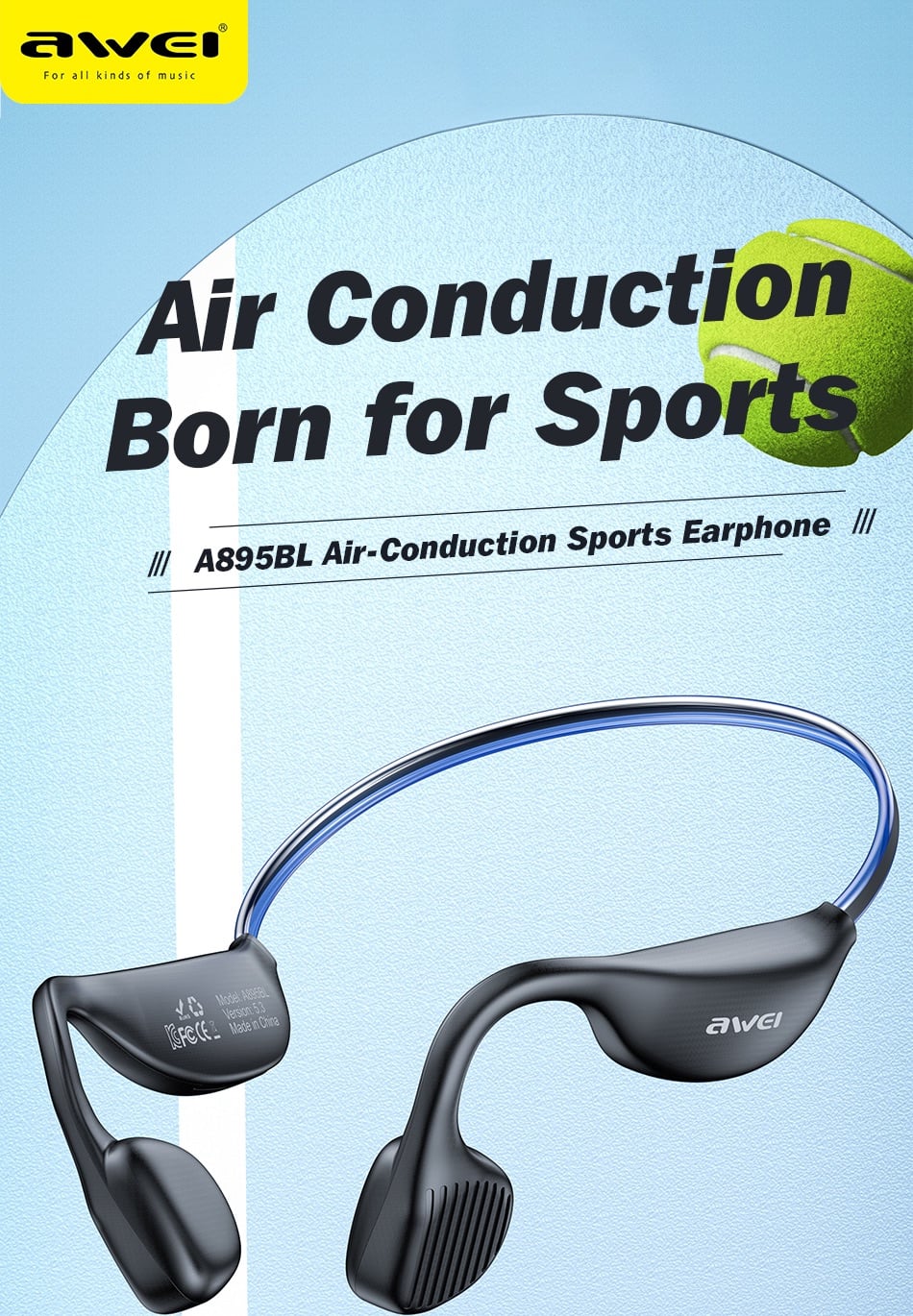 Picture of Awei A895BL Air Conduction Sports Headphones 5.3 Wireless Bluetooth Earphones With LED Light Strip -Black