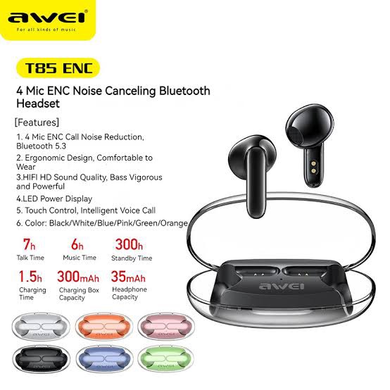 Picture of Awei T85 ENC Gaming Bluetooth Earbuds with Transparent Charging Case Long Life Battery -Black