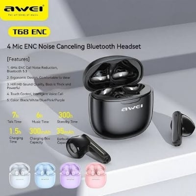 Picture of AWEI T68 Bluetooth 5.3 TWS ENC Noise Reduction with Dual HD Mic -Black