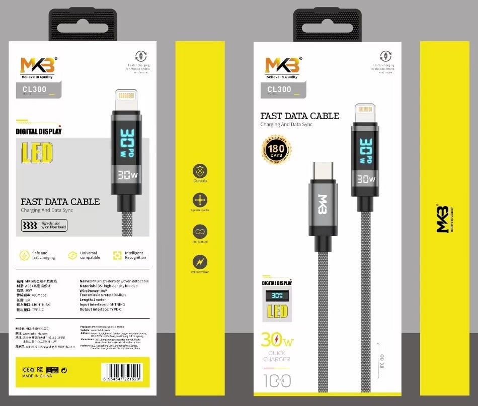 Picture of MKB CL 300 Braided 30W Type C To Lightning Fast Charging Cable -Black