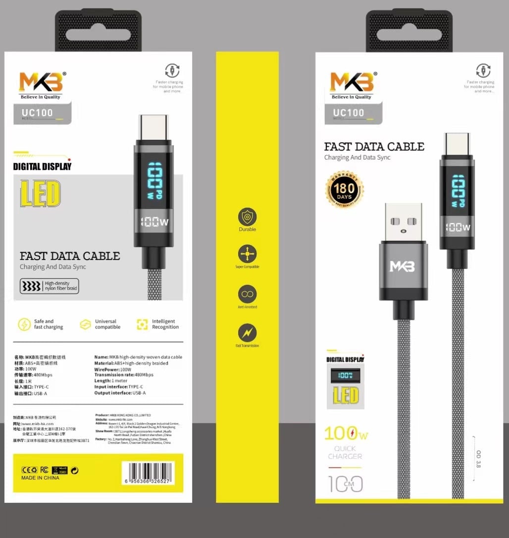 Picture of MKB UC100 Braided 100W PD3.1 Data And Charging Cable -Black