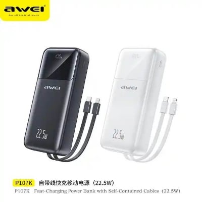 Picture of Awei P107K 20000mAh Powerbank 22.5W Fast charger with Built-in Cable Multiple Protection Long Battery Life for iOS&Android Mobile Phone -Black