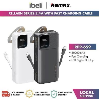 Picture of Remax RPP-659 Rellaen Series 30000mAh Powerbank WithBuilt-In Cable & Digital Display 2.4A -Black