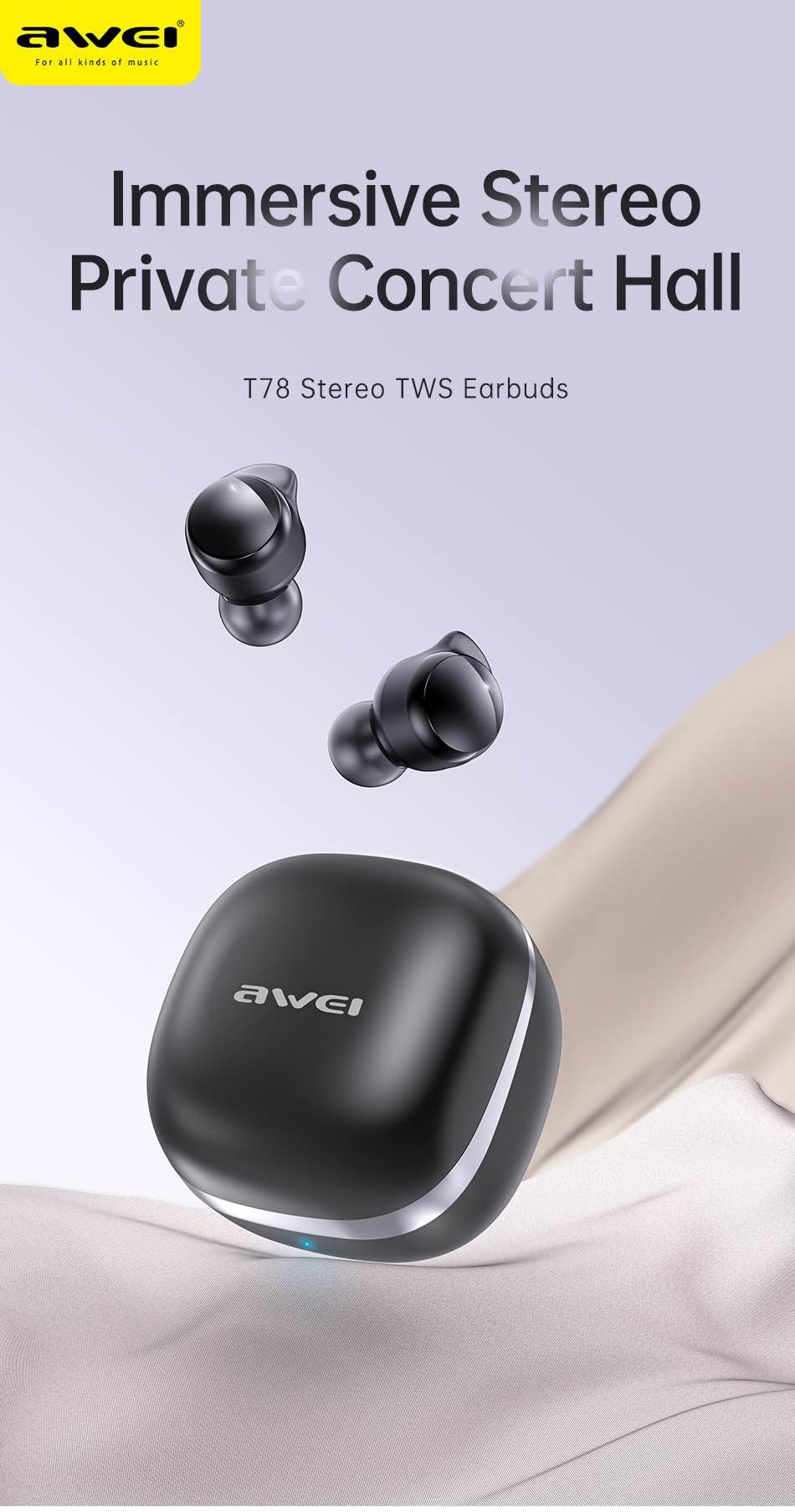 Picture of Awei T78 Bluetooth 5.3 Earphones Wireless 3D Stereo TWS Headphones with Microphones Game In-ear Headset Hifi HD Call Earbuds -Black