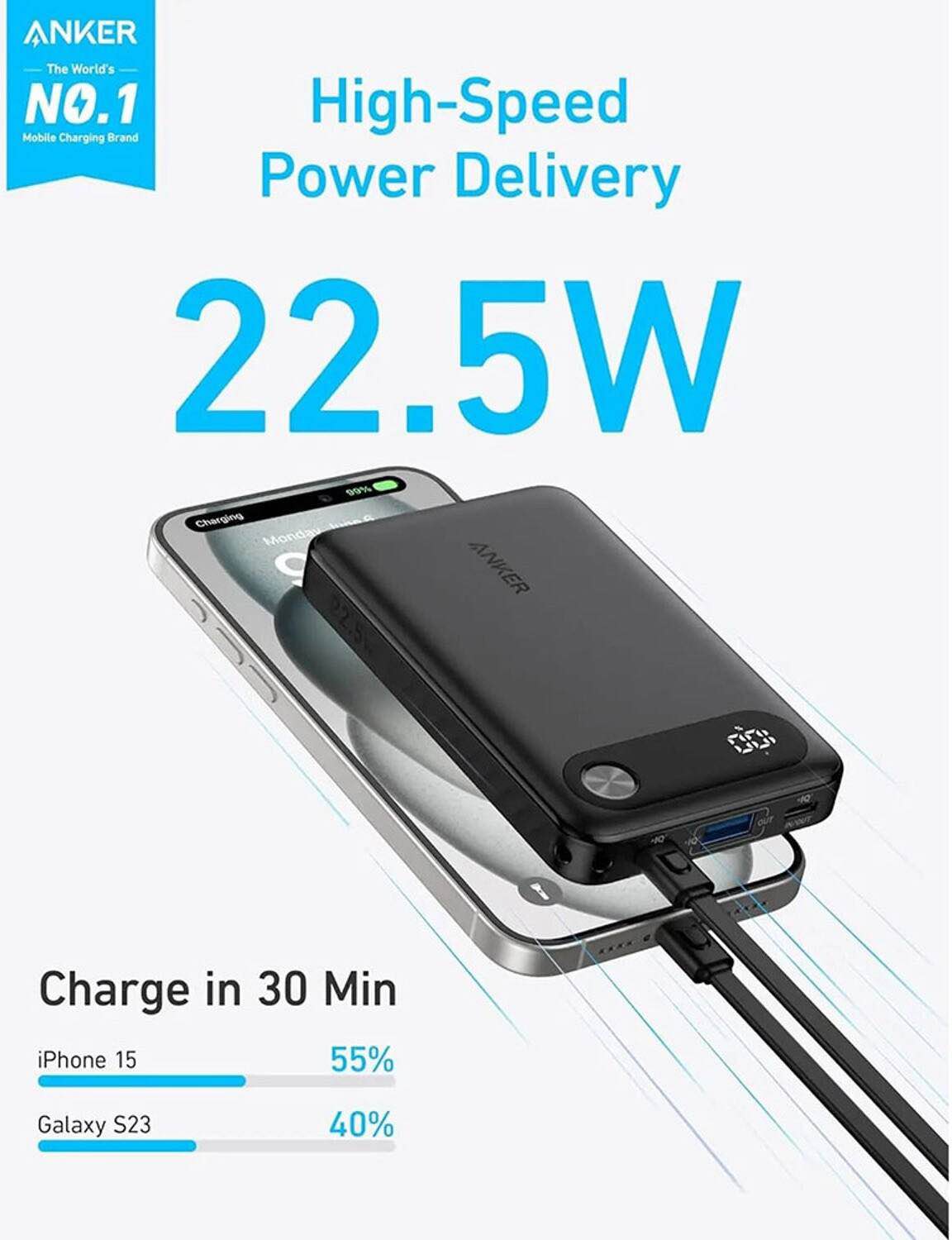 Picture of Anker Powercore Power Bank 10000mAh, 22.5W Portable Charger, USB-C To USB-C Cable, Ultra-Slim And Compact Design, Black -Black