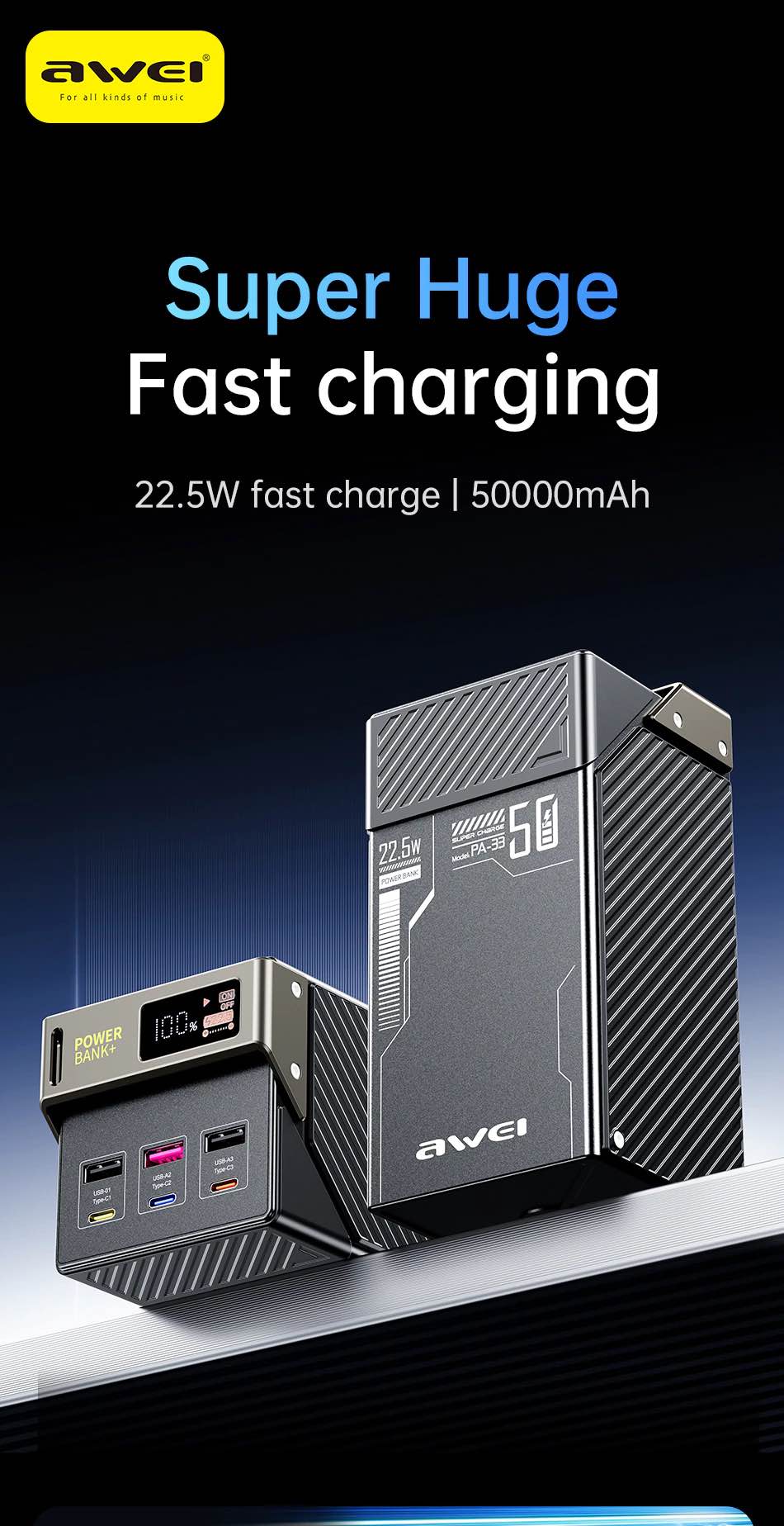 Picture of Awei PA33 50000mAh 22.5W PowerBank -Black