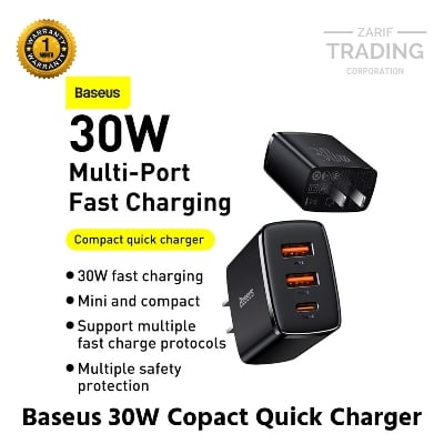 Picture of Baseus 30W USB C Compact Quick Charger Support Type C PD Fast Charging Dual USB Port Portable 3 Ports Fast Phone Charger (Black)