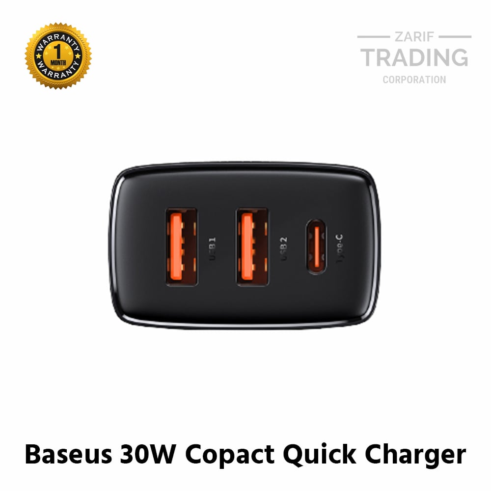 Picture of Baseus 30W USB C Compact Quick Charger Support Type C PD Fast Charging Dual USB Port Portable 3 Ports Fast Phone Charger (Black)