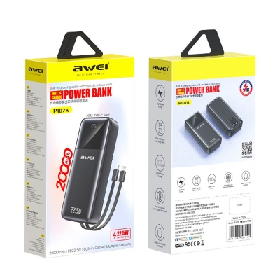Picture of Awei P107K 20000mAh Powerbank 22.5W Fast charger with Built-in Cable Multiple Protection Long Battery Life for iOS&Android Mobile Phone -Black
