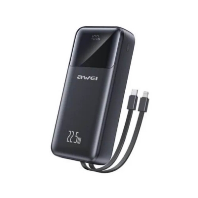 Picture of Awei P107K 20000mAh Powerbank 22.5W Fast charger with Built-in Cable Multiple Protection Long Battery Life for iOS&Android Mobile Phone -Black