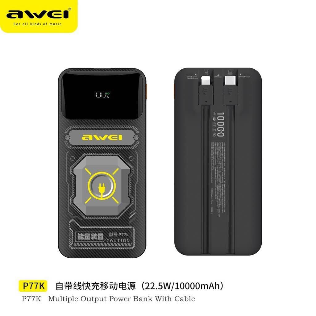 Picture of Awei Powerbank 10000mAh 22.5W P77K Integrated Cable -Black