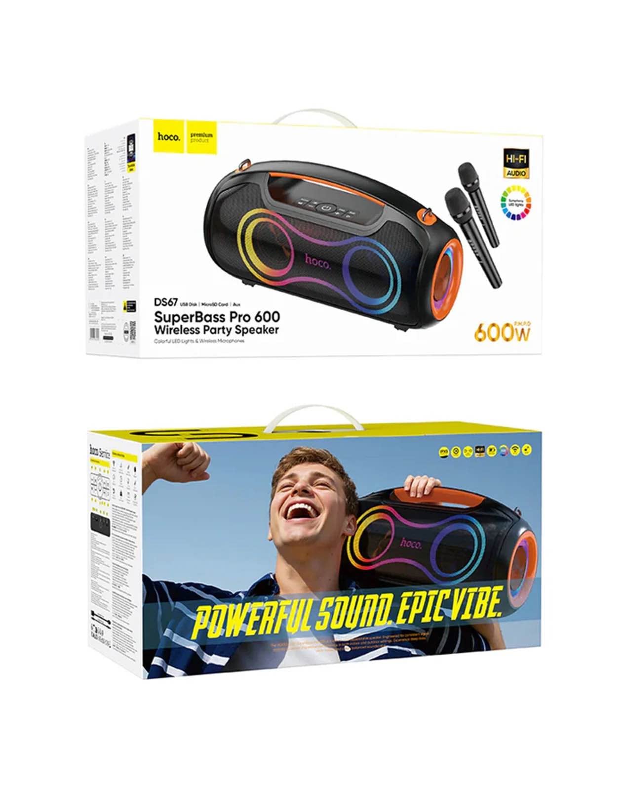 Picture of Hoco 600W Bluetooth Party Speaker With 2 Wireless Microphones, RGB Light, 6000mAh Battery, IPX5 Waterproof (DS67) -Black