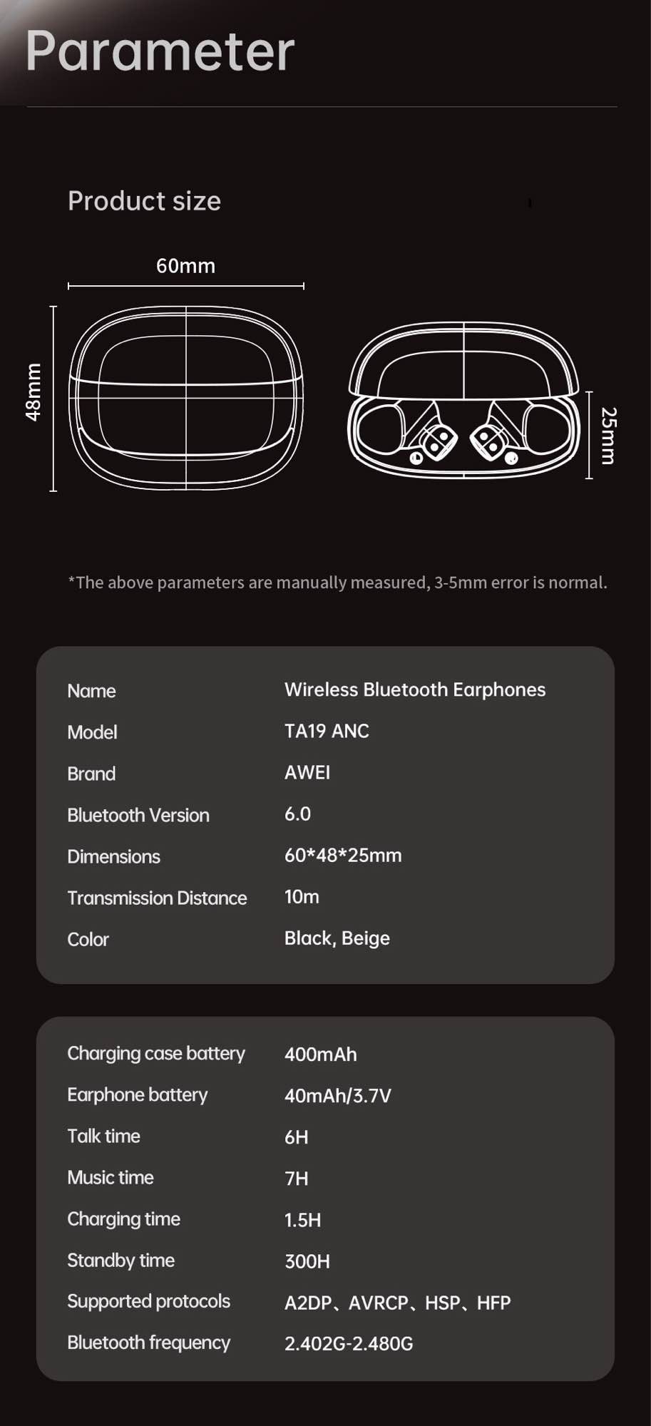 Picture of AWEI TA19ANC Noise Cancelling Bluetooth Headphones -Black