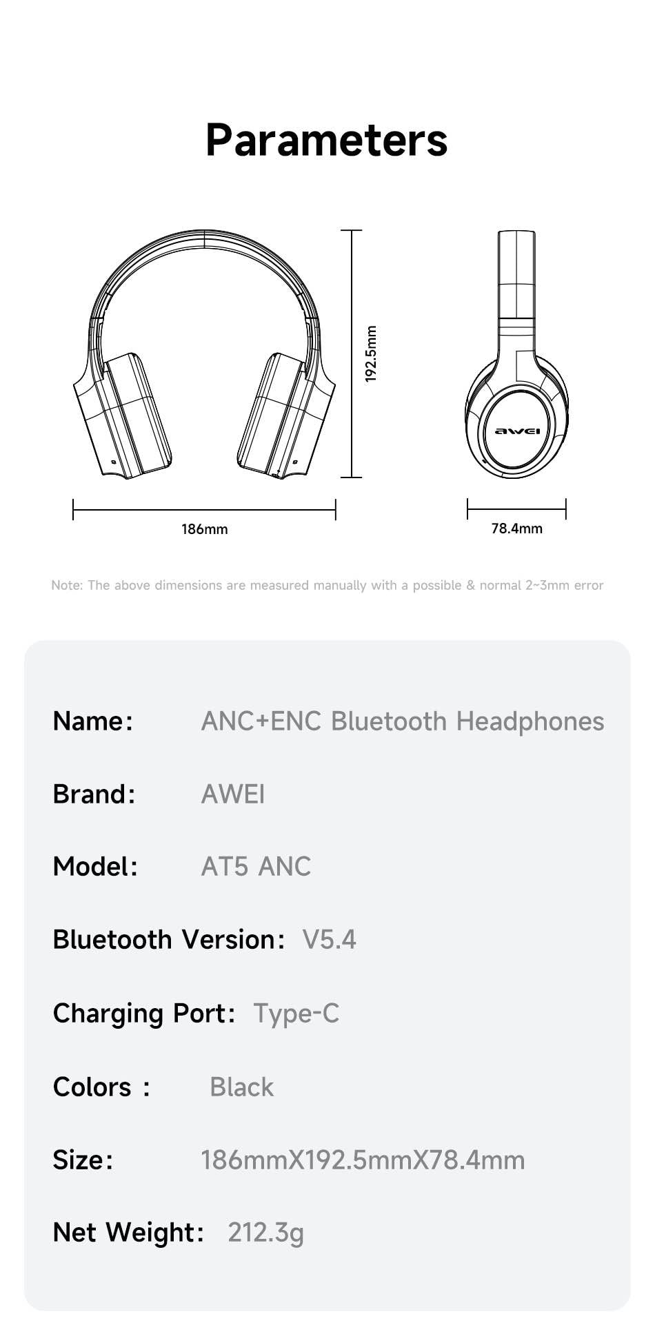 Picture of Awei AT5 ANC ENC Bluetooth Headphone 38H Playtime Deep Bass Active Noise Canceling Environment Noise Reduction HD Calls for Cellphone PC Laptop -Black