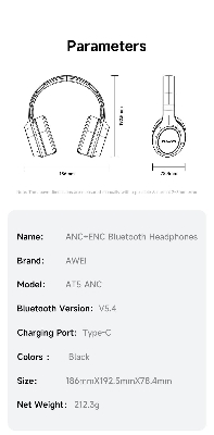 Picture of Awei AT5 ANC ENC Bluetooth Headphone 38H Playtime Deep Bass Active Noise Canceling Environment Noise Reduction HD Calls for Cellphone PC Laptop -Black