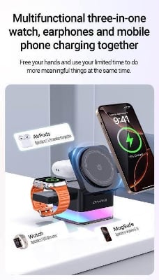 Picture of AWEI W25 3in1 Wireless Charger, RGB Light Night Lamp, Smart Tap to Power On/Off LED Light, Magnetic Adsorptionplace, 2.5W Smartwatch Wireless Output, Black | W25 -Black