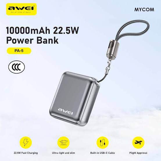 Picture of Awei PA5 10000mah 22.5w mini compact small size power bank with build in cable -Black