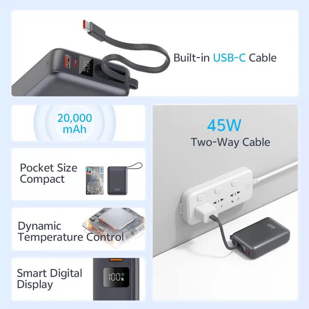 Picture of QCY 20000mAh Powerbank 45W Fast Charging with Built-in USB-C Cable -Black