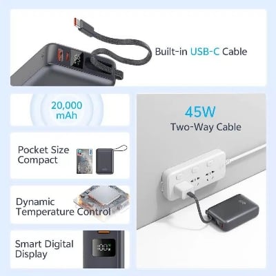 Picture of QCY 20000mAh Powerbank 45W Fast Charging with Built-in USB-C Cable -Black