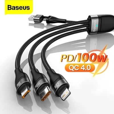 Picture of Baseus 3-in-2 100W Fast Charging Cable Type-C PD, iP PD 20W and Micro USB QC 18W with Input USB and Type-C USB Cables for Macbook Pro Samsung Xiaomi (Black)