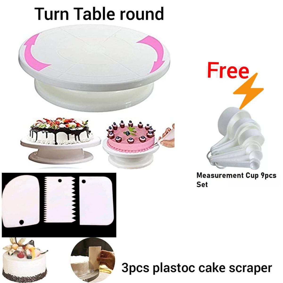 Picture of Combo Cake Decorating Turn table & 3 PCS Plastic Cake Scraper Free Measurement Cup set -White