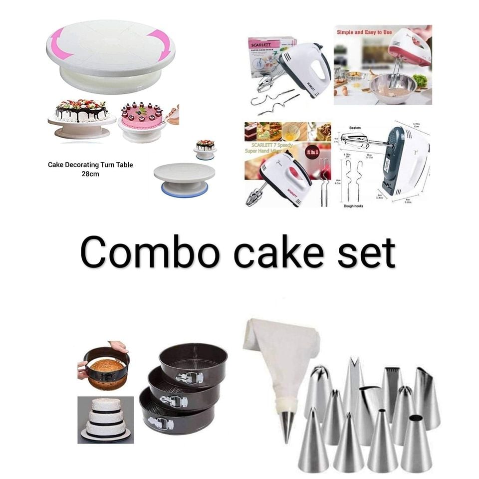 Picture of Combo Cake Set of 4 item Turn Table , Egg Bitter , Cake Mold 3 , 12 pcs nozzle set with paiping -White
