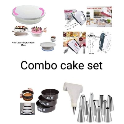 Picture of Combo Cake Set of 4 item Turn Table , Egg Bitter , Cake Mold 3 , 12 pcs nozzle set with paiping -White