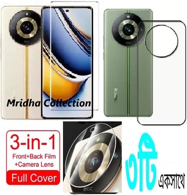 Picture of 3in1 Combo Pack For Realme 11 Pro 5G Best Premium Quality Curve Scratch Proof UV Tempered Glass Screen Protector + Clear Transparent Back Protector Film-Poly + Camera Lens Protector