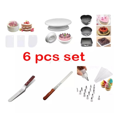 Picture of (6pcs parfect Combo)-3 shape cake pan-3 pcs+scraper3 pcs+13 pcs n0zzle set+turn table+14" bread knife+8" cake planer -White