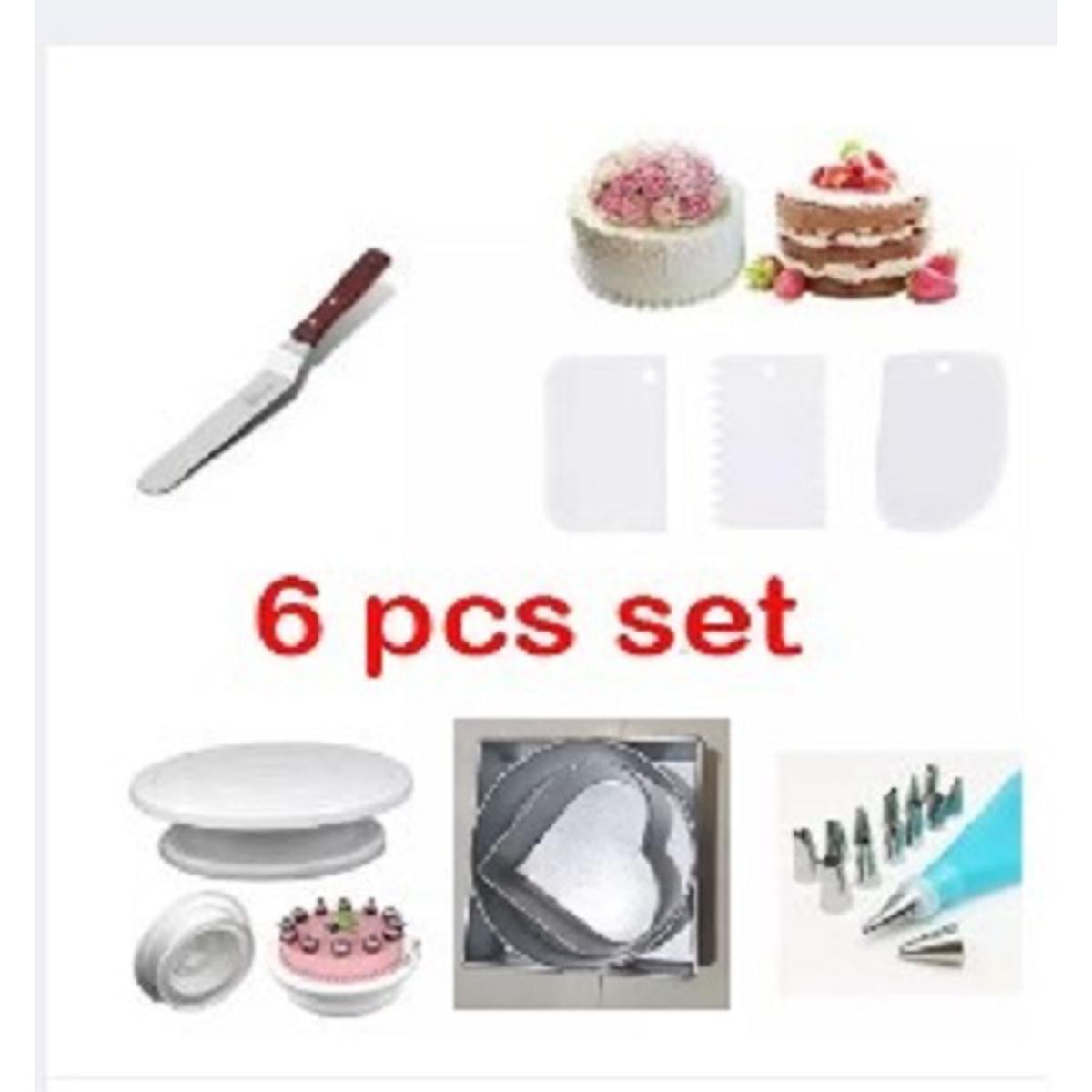 Picture of (5pcs combo set)-3 pcs multi cake pan -3 shape+turn table+13 pcs nozzle with silicon paiping bag+3 pcs scraper+cake planer -6" -Multicolor