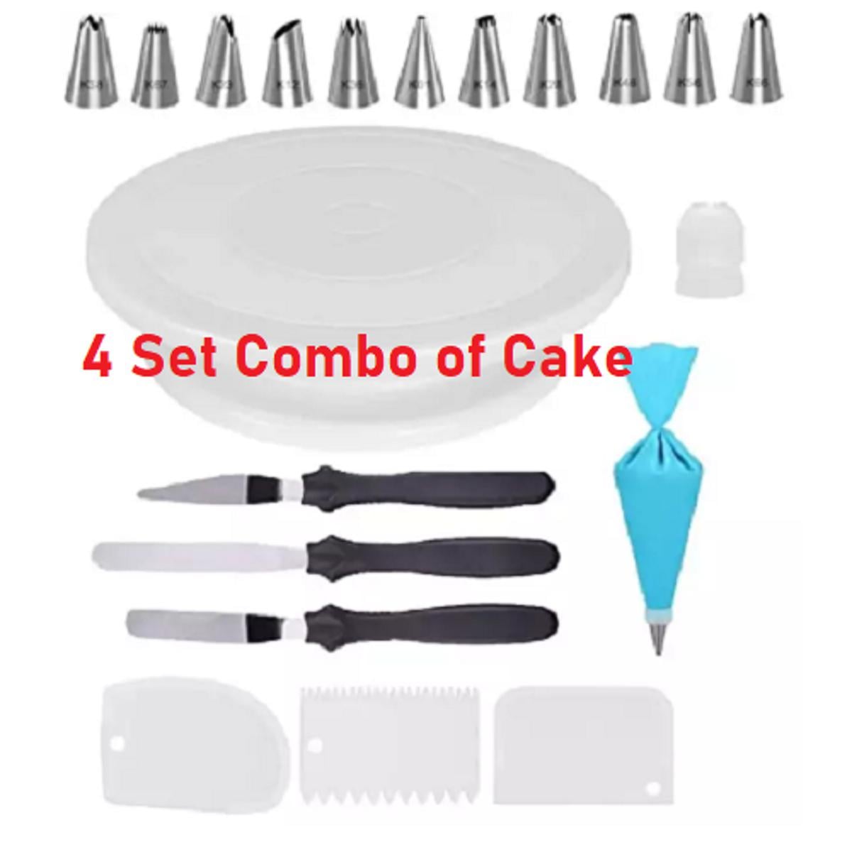 Picture of Xacton Plastic Swivel Plate Revolving Cake Sugarcraft, 12 Steel Nozzles Coupler with Piece Frosting Icing Piping Bag, 3 Pcs Cake Decorating Fondant, 3 Pcs Cake Icing Spatula Knife, Combo of Baking Tools Set -Multicolor