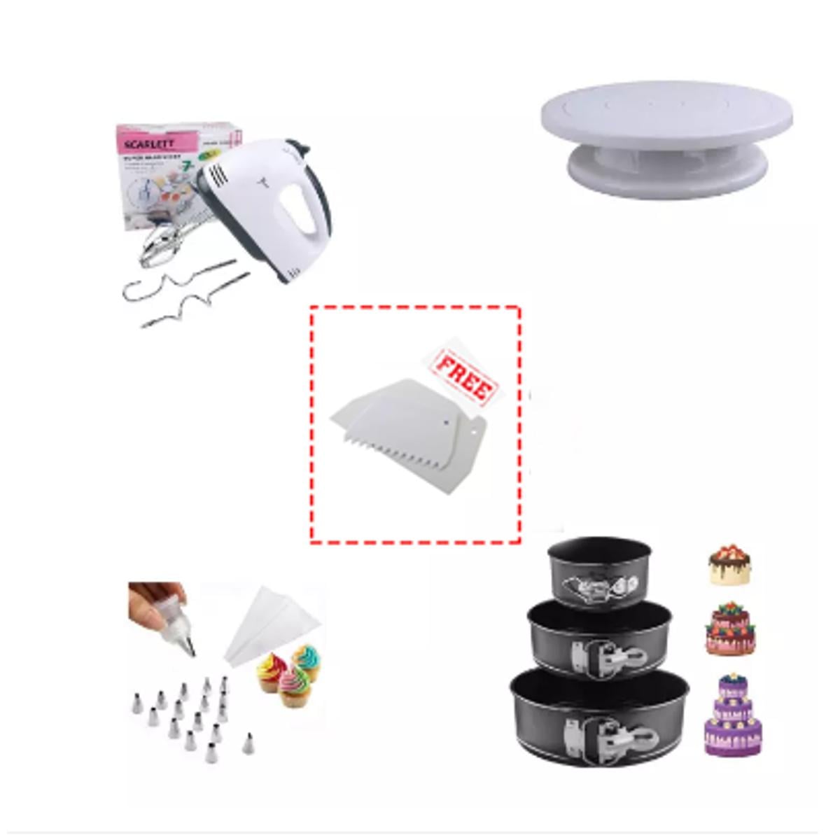 Picture of (5pcs set)-3 pcs round cake pan+electric hand beater+turn table+nozzle set with paiping bag+ -Multicolor