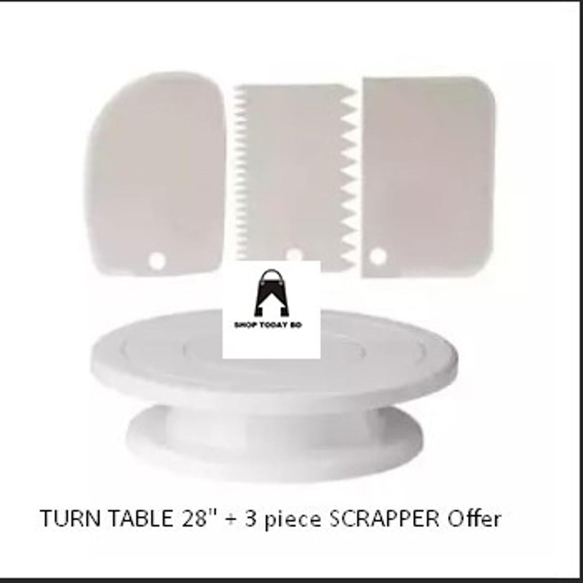 Picture of Perfect Pricee Combo Set of Plastic Revolving Turn Table Cake Stand with 3 Scrapper, White -White