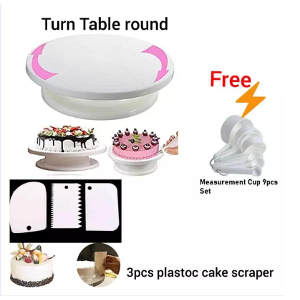 Picture of Combo Cake Decorating Turn table & 3 PCS Plastic Cake Scraper Free Measurement Cup set -White