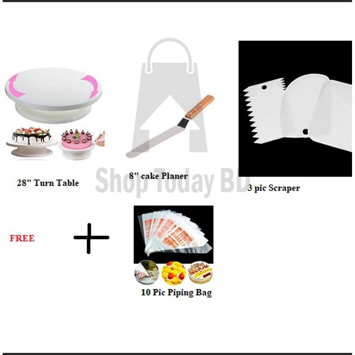 Picture of 3 Combo  Turn Table+3 Pcs Scraper set- white+ Cake planer-8" + FREE 10 Pic Piping Bag -White