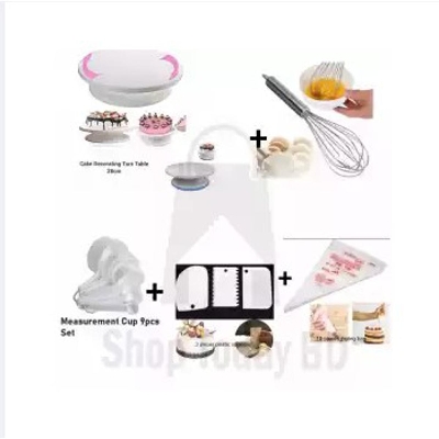 Picture of 5 X Combo Cake Decorating Turn table 28 Inches + Egg Bitter + 3 PCS Plastic Cake Scraper + Measurement Cup set & 10 Pieces Piping Bag -White