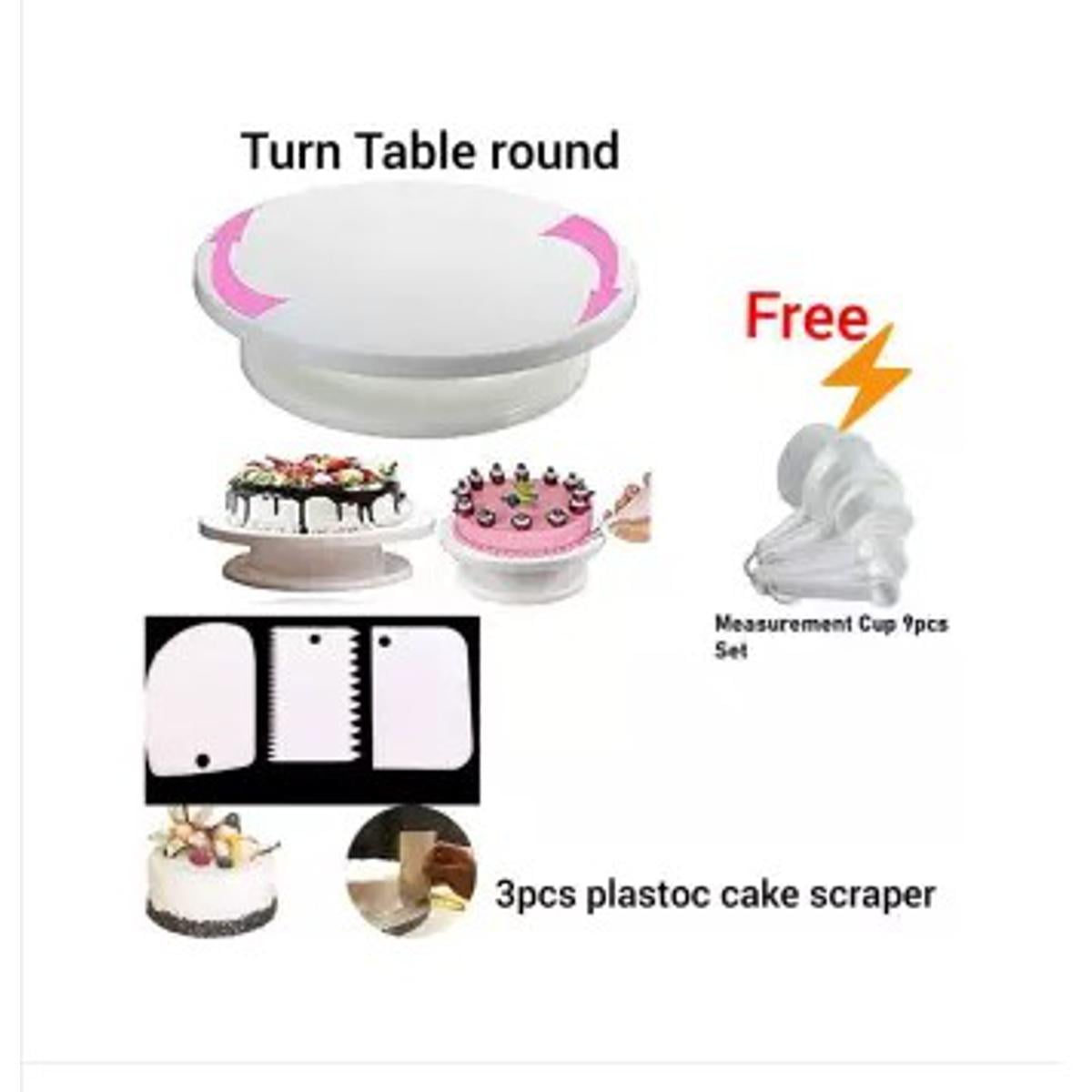 Picture of Combo  Cake Decorating Turn table & 3 PCS Plastic Cake Scraper Free Measurement Cup set of 9 pieces White -White