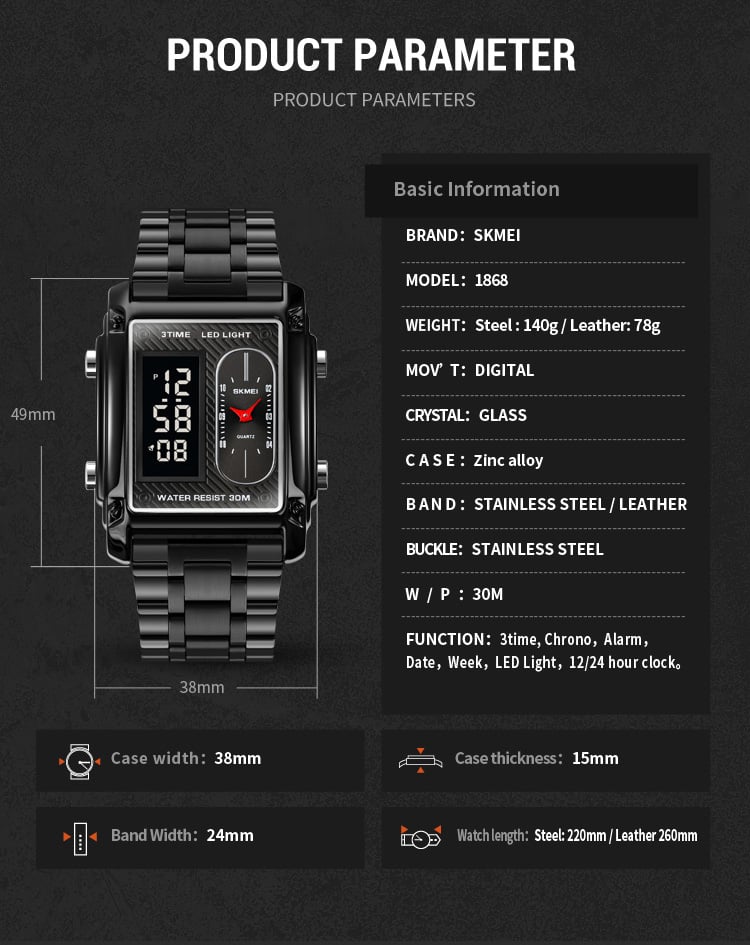 Picture of Superlative Trendsetter -Upscale Living -SKMEI 1868 Multiple Time Digital And Analog Waterproof Watch Black- Inventive Choice Black