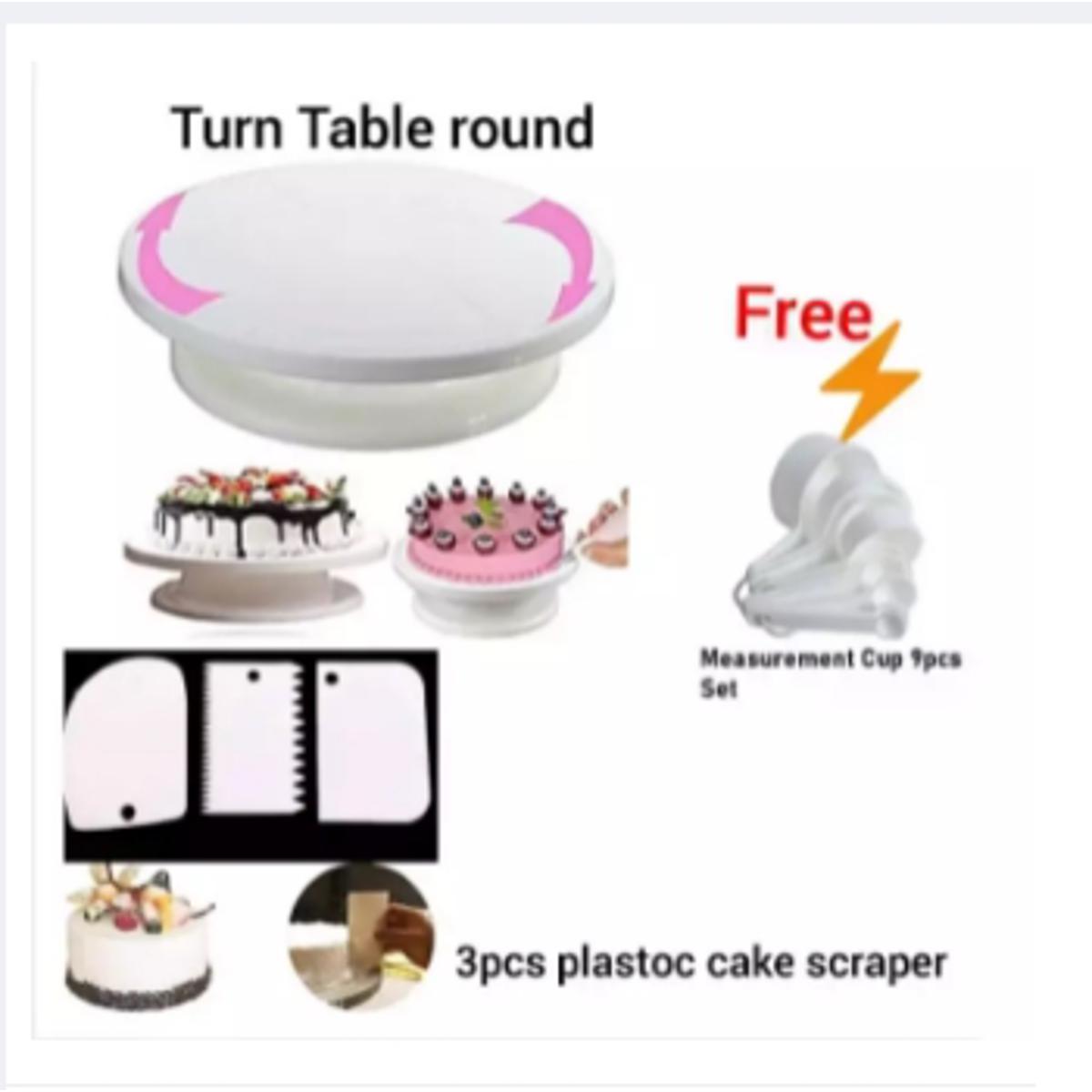 Picture of Combo Cake Decorating Turn table & 3 PCS Plastic Cake Scraper Free Measurement Cup set -White