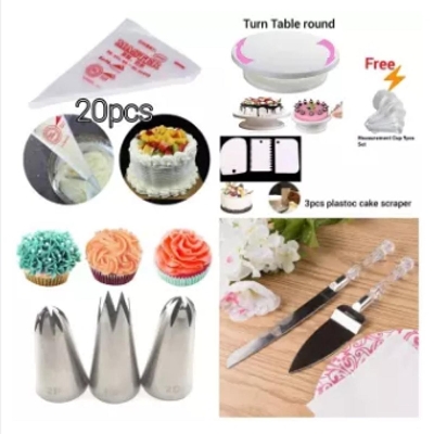 Picture of Best 4ITEMS Combo Set-cake Turn table 28Cm+3Pcs scraper set+9Pcs mesurment Cup set Free+2Pcs Baking  set pcs steel server+1Pcs steel Bread neife +3pcs Large 2D,1M,2f Nozzle+20Pcs Paiping Bag -White