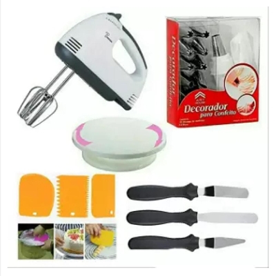 Picture of Cake Baking Electric Hand Mixer, Cake Table, 3 in 1 Knife Set, 12 Piece nozzles, 3 Patterns Cake Side Scraper (Baking Tools KIT) -White