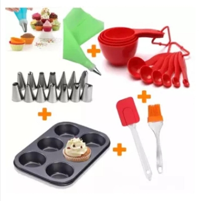 Picture of Cake decoration tools Combo set/1 x Measurement cup set 1 x Cake Mold 1x Oil Brush & Spatula Set 1 x Cake Nozzle Set 100 piece paper cup mold -Silver