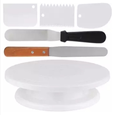 Picture of Homeries 6-Piece Cake Decorating Supplies Kit - Turntable with 3 Decorating Comb/Icing Smoothers + 2 Stainless Steel Icing Spatulas - Best for Cake Decorating Training and Party Planning Display -White