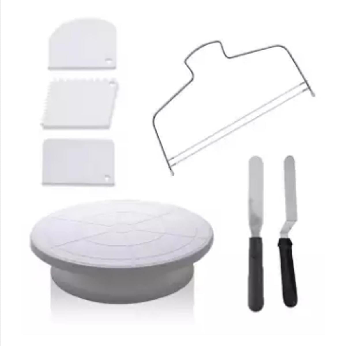 Picture of Cake Decorating Supplies with 11 inch Cake Turntable 12.7''Angled Icing Spatula Cake Leveler Can Pen Revolving Cake Stand -Silver