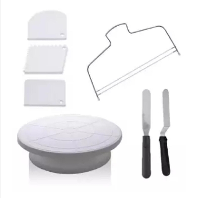 Picture of Cake Decorating Supplies with 11 inch Cake Turntable 12.7''Angled Icing Spatula Cake Leveler Can Pen Revolving Cake Stand -Silver