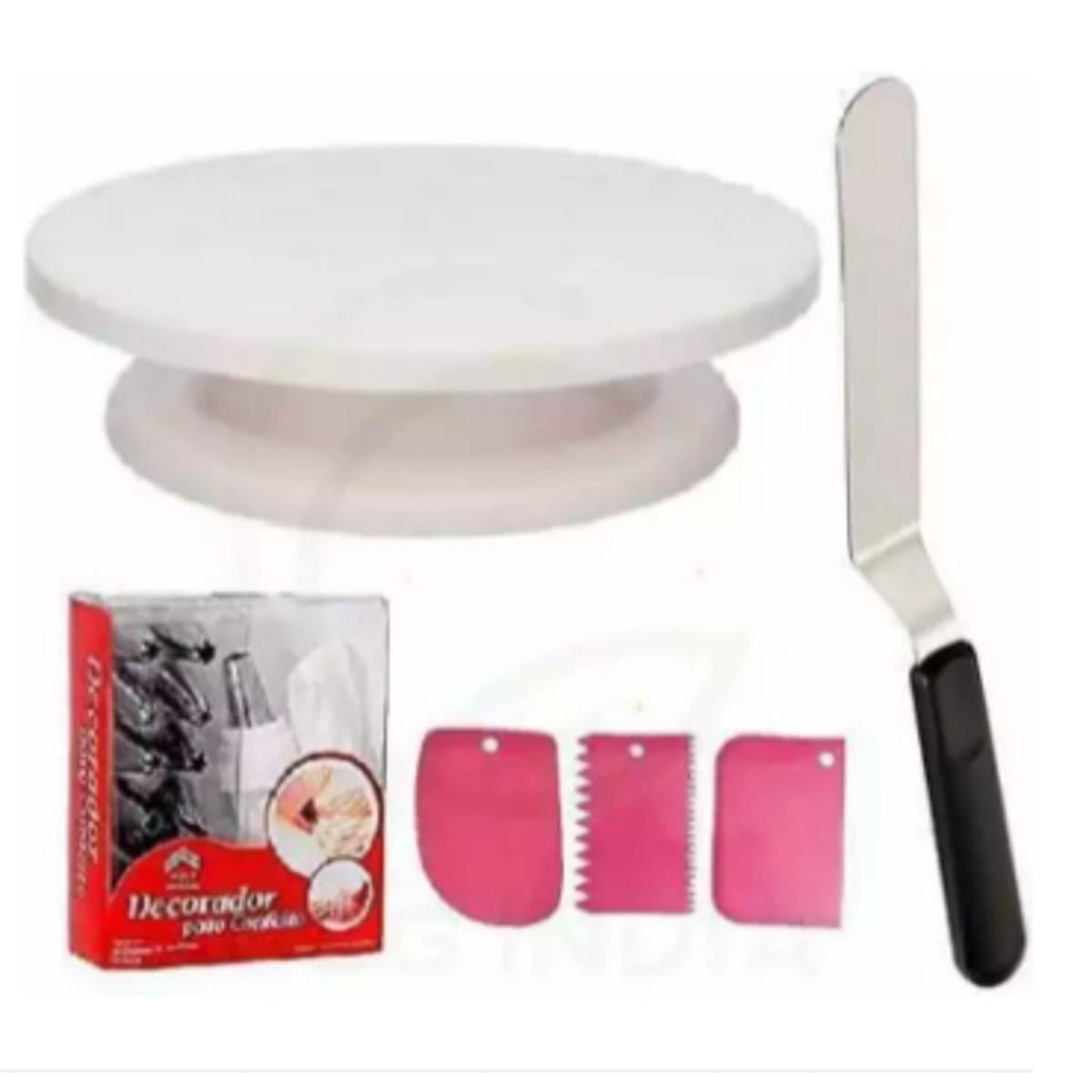 Picture of Cake Making Tools Turn Table 7 inch Stainless Steel Spatula, 12 Piece of Cake Decoration Nozzles with Icing Bag and 3 Pieces of Dough Scrapper(Multicolor) Multicolor Kitchen Tool Set (Multicolor) -White